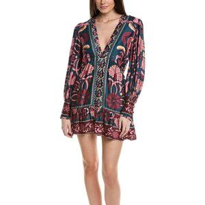 NEW FARM Rio Seashell Tapestry Teal Long Sleeve Mini Dress Floral Size M NWT